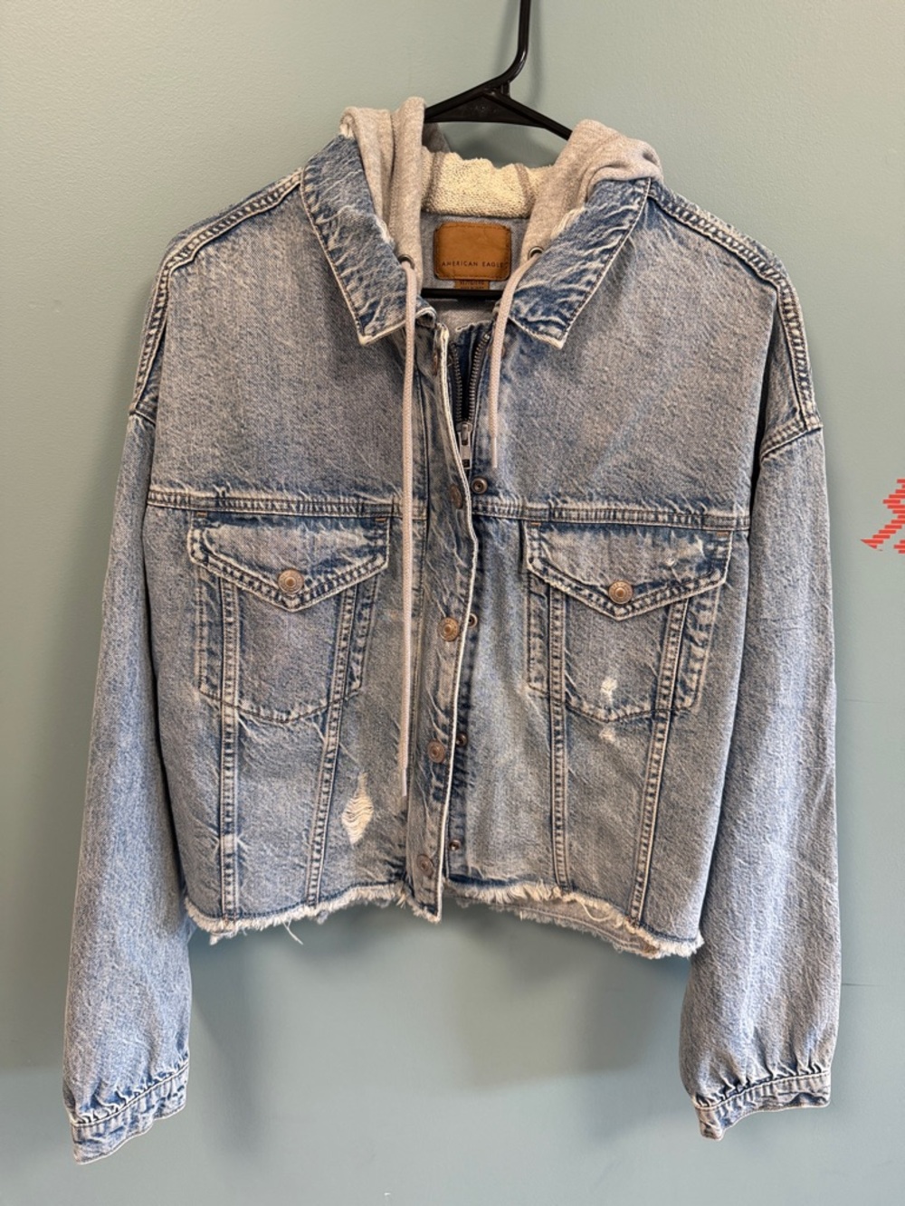 American Eagle Outfitters Light Blue Denim Jacket with Gray Hood